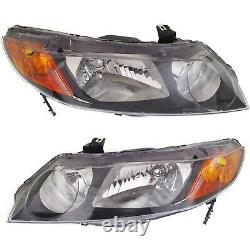 2006-2008 Replacement Headlight Pair For Honda Civic 4 Dr Sedan Black Housing