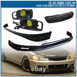 Fit 99-00 Civic EK Mugen PP Front + Rear Bumper Lip + Grille + Yellow Fog Lights