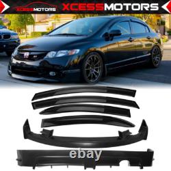 Fits 09-11 Honda Civic 4DR Black PU Front + Rear Bumper Lip + Sun Window Visors