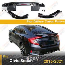 Fits 16-21 Honda Civic 4-Door Sedan Carbon Print Rear Bumper Diffuser LED Corner