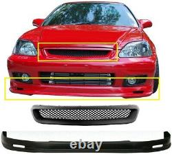 Fits 99-00 Honda Civic EK 2DR 3DR 4DR Mugen Style Front Bumper Lip + Mesh Grille