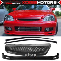 Fits 99-00 Honda Civic Mugen Style PP Front Bumper Lip + Grille + Window Visors