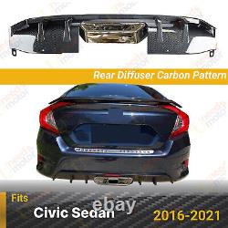 For 16-21 Honda Civic Sedan Carbon Fiber Print Rear Bumper Diffuser LED Exhaust