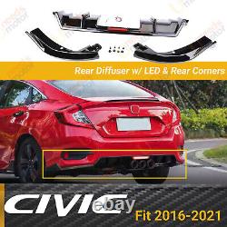 For 2016-21 Honda Civic Sport Style Rear Bumper Spoiler LED Diffuser & Corners