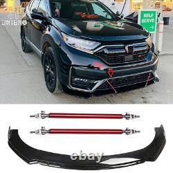 For Honda Civic MUGEN Gloss Black Front Bumper Lip Splitter Spoiler + Strut Rods