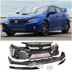 JDM Type-R Style Front Bumper Upper Grille Lower Lip For 16-Up Civic Coupe Sedan